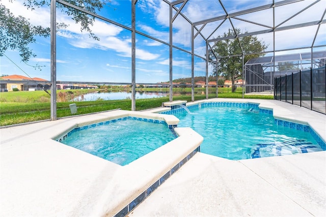 view of swimming pool featuring a water view, pool water feature, a lanai, and a patio