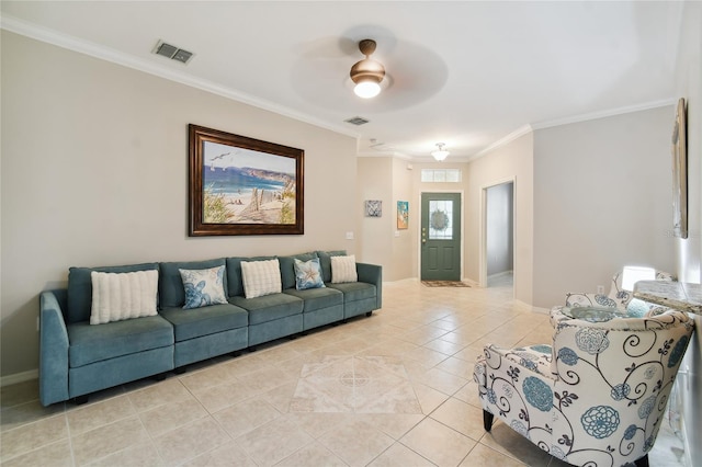 tiled living room with crown molding and ceiling fan