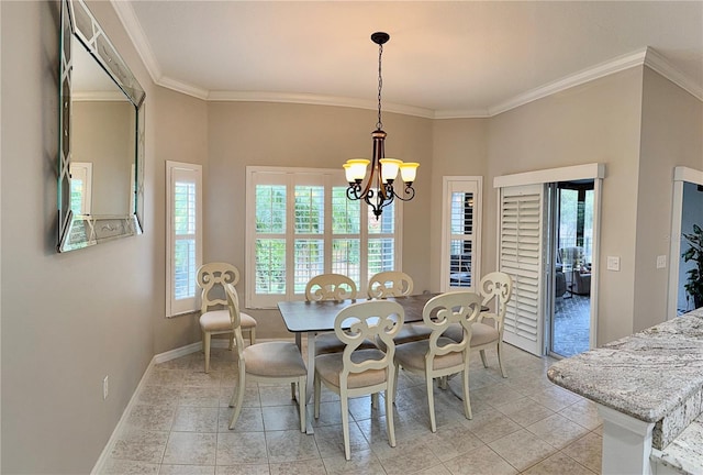 dining area featuring a notable chandelier, light tile patterned floors, and ornamental molding