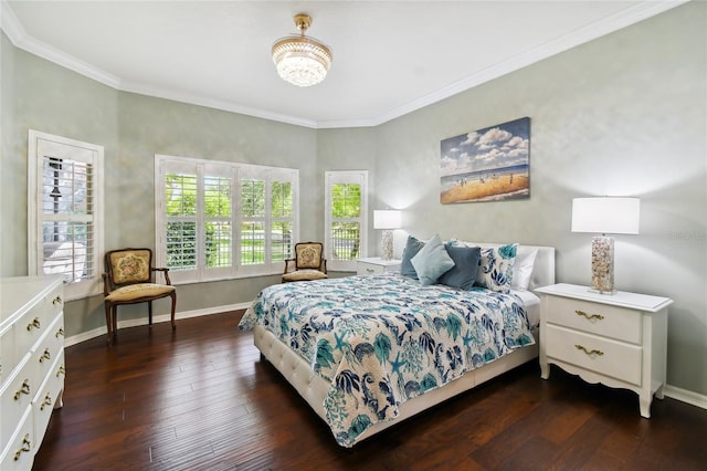 bedroom with dark wood-type flooring and crown molding