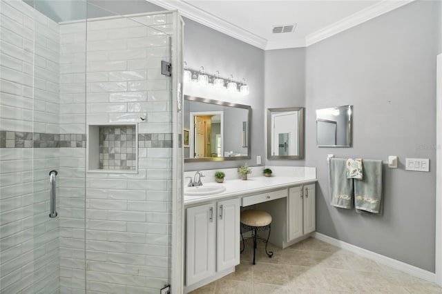 bathroom with tile patterned flooring, ornamental molding, an enclosed shower, and vanity