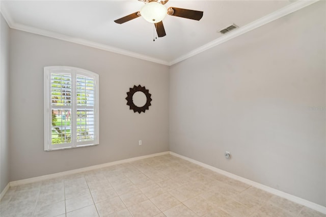 empty room with light tile patterned floors, ornamental molding, and ceiling fan