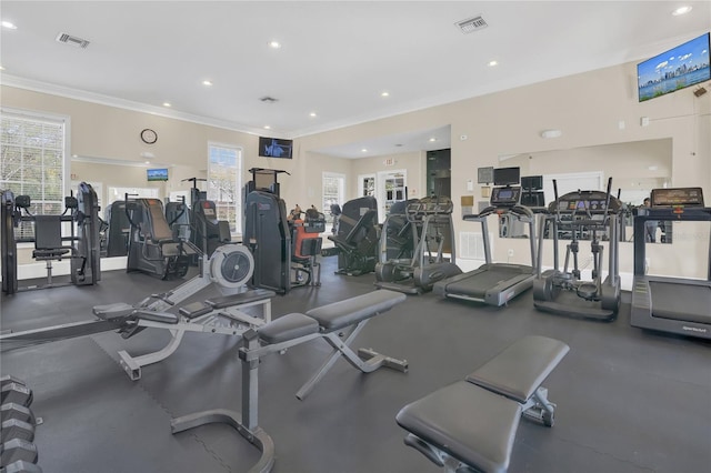 exercise room featuring crown molding and a healthy amount of sunlight