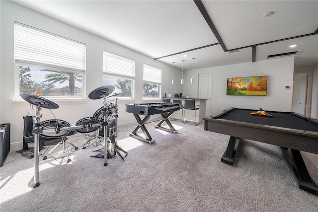 game room with light carpet and pool table