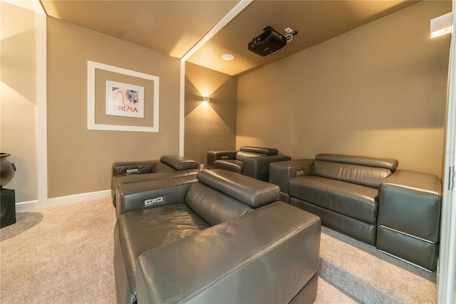 cinema room with light colored carpet