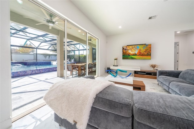 living room with ceiling fan