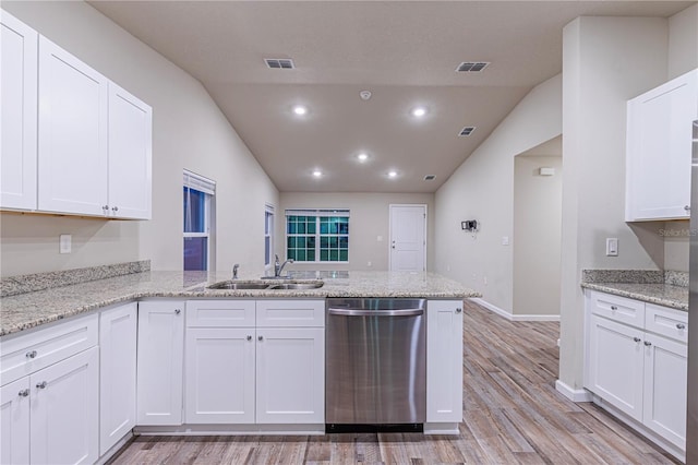 kitchen featuring white cabinetry, sink, stainless steel dishwasher, and kitchen peninsula