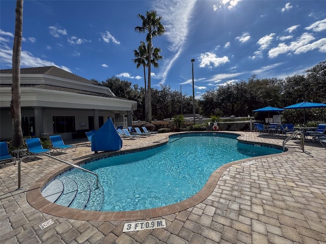 view of swimming pool with a patio area