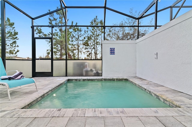 view of swimming pool with a lanai and a patio area