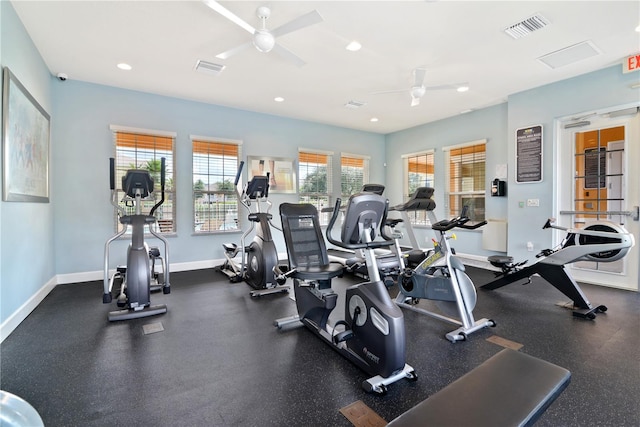 workout area featuring ceiling fan