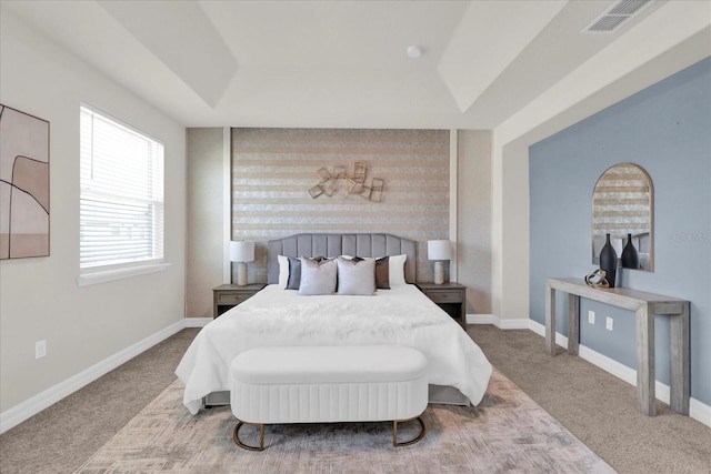 bedroom with a raised ceiling and carpet floors