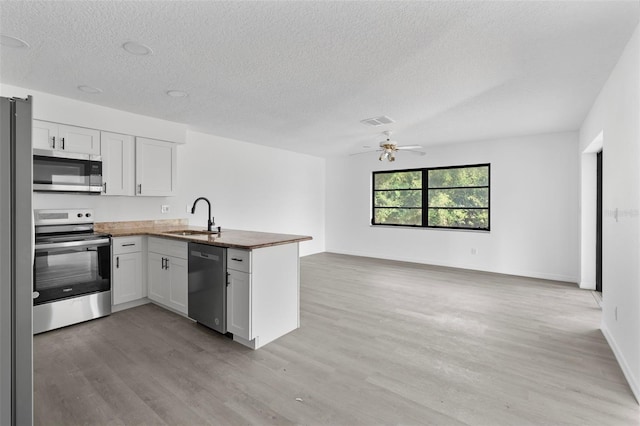 kitchen featuring sink, white cabinetry, light hardwood / wood-style flooring, kitchen peninsula, and stainless steel appliances