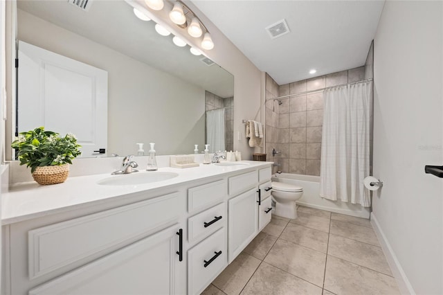 full bathroom featuring toilet, vanity, shower / bathtub combination with curtain, and tile patterned flooring