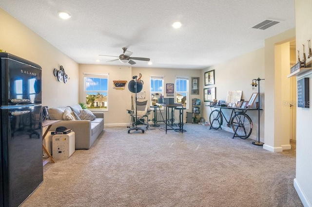 exercise area with light carpet, ceiling fan, and a textured ceiling