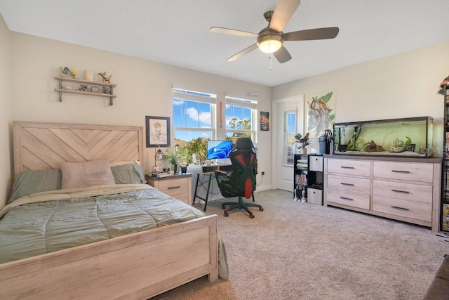 bedroom featuring light carpet and ceiling fan