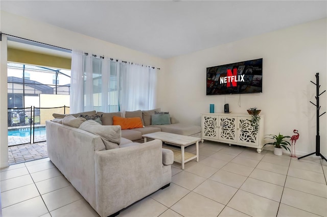 living room with light tile patterned floors