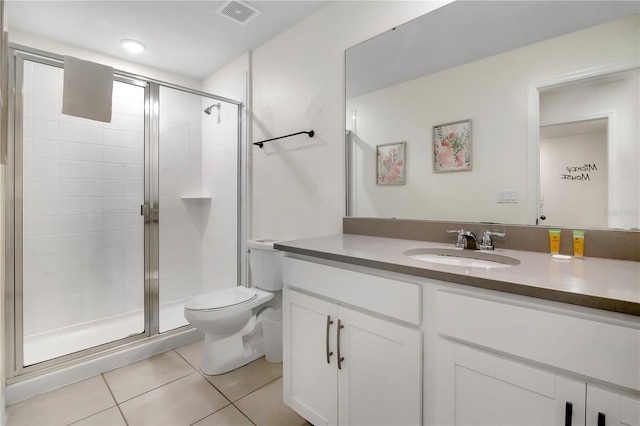 bathroom with toilet, tile patterned flooring, visible vents, and a shower stall