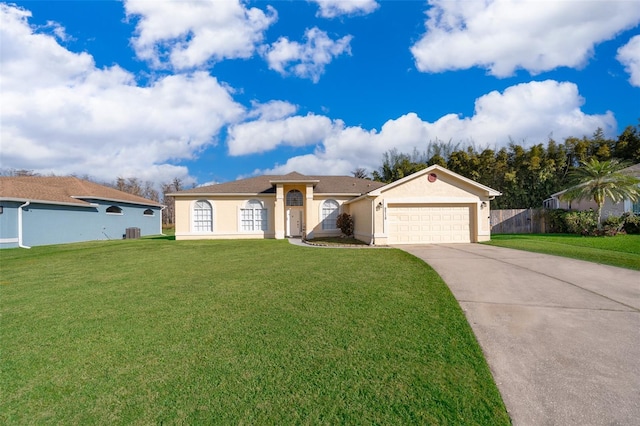 single story home with central AC unit, a garage, and a front lawn