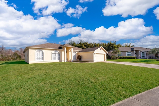 ranch-style house with a garage and a front yard