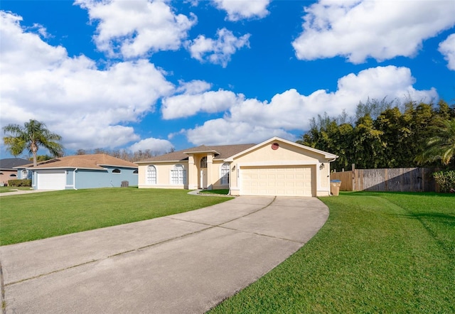 ranch-style house with a garage and a front lawn