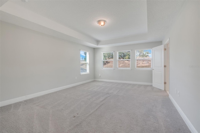 unfurnished room featuring a tray ceiling, light carpet, and a textured ceiling