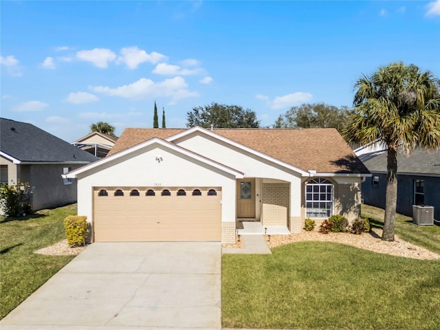 single story home featuring central AC, a garage, and a front lawn