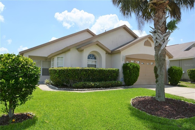 ranch-style house with a garage and a front lawn