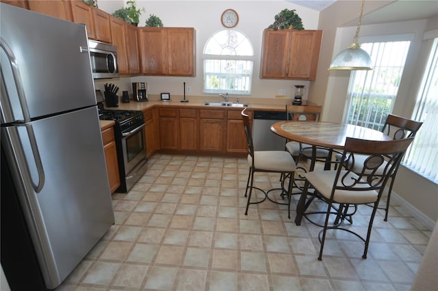 kitchen with appliances with stainless steel finishes, sink, a wealth of natural light, and decorative light fixtures