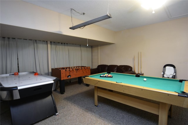 rec room with billiards and carpet floors