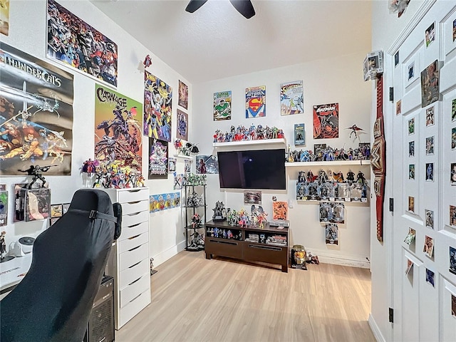 office with ceiling fan and light hardwood / wood-style flooring