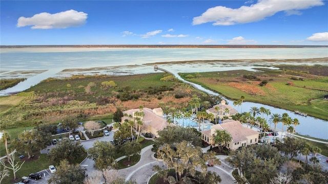 drone / aerial view featuring a water view