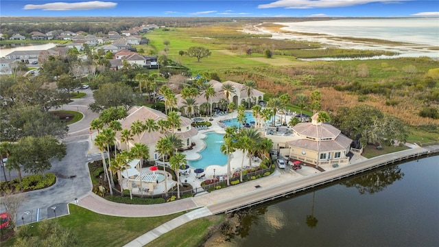 drone / aerial view featuring a water view