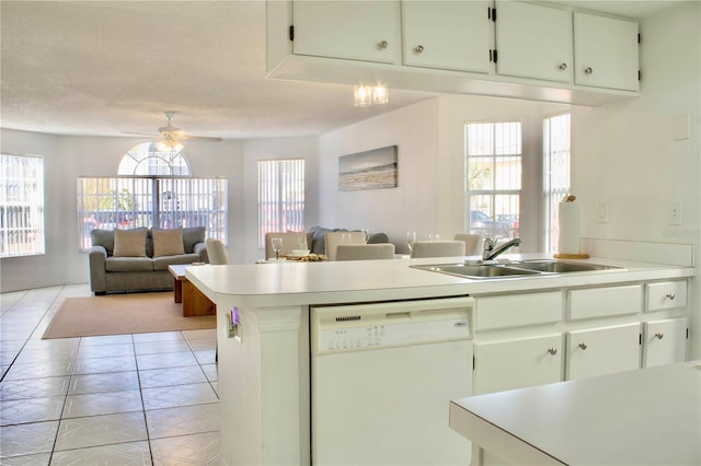 kitchen with white dishwasher, sink, a wealth of natural light, and ceiling fan