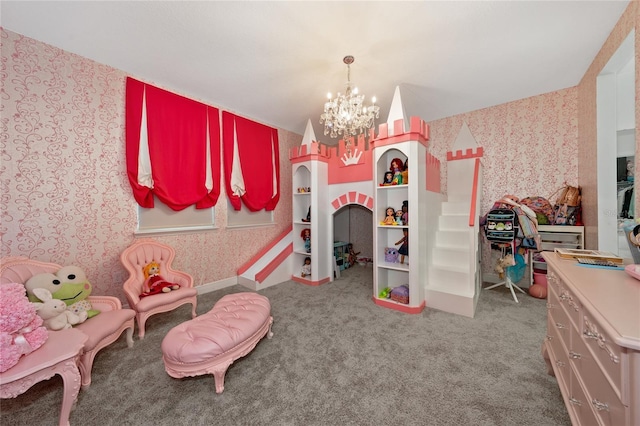 game room featuring carpet and a notable chandelier