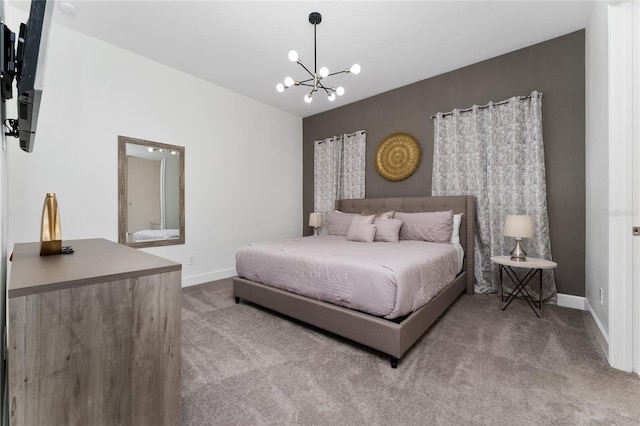 carpeted bedroom with vaulted ceiling and a chandelier