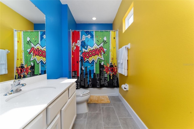 bathroom featuring vanity, tile patterned floors, toilet, and walk in shower