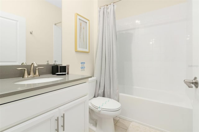 full bathroom with toilet, vanity, shower / bathtub combination with curtain, and tile patterned flooring