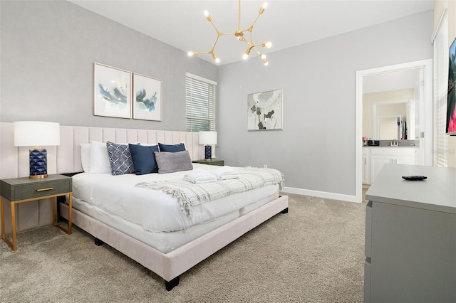 bedroom featuring light colored carpet and a notable chandelier