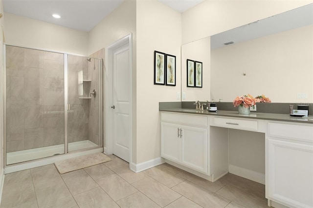 bathroom with tile patterned flooring, vanity, and a shower with shower door