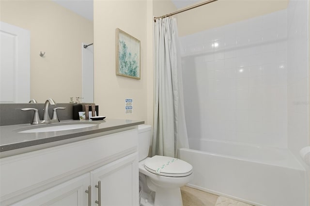 full bathroom with shower / tub combo, vanity, and toilet