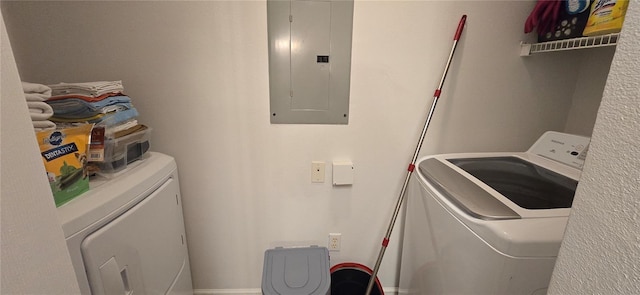 laundry area with electric panel and washing machine and dryer