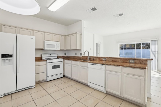 kitchen with sink, white cabinetry, light tile patterned floors, kitchen peninsula, and white appliances