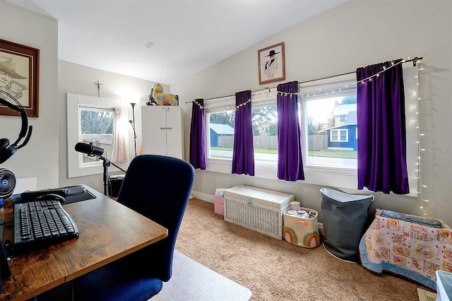 carpeted office with vaulted ceiling