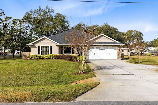 single story home featuring a garage and a front lawn