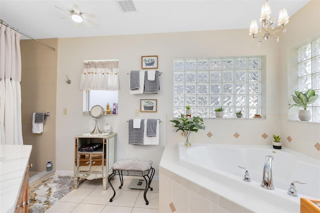 bathroom featuring vanity, ceiling fan with notable chandelier, tile patterned floors, and independent shower and bath