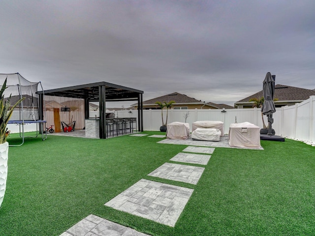 view of yard featuring a patio, an outdoor bar, and a trampoline