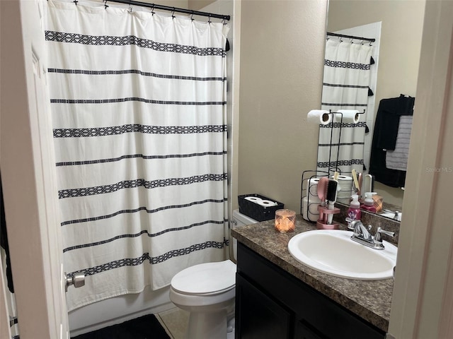 full bathroom with vanity, tile patterned floors, toilet, and shower / bathtub combination with curtain