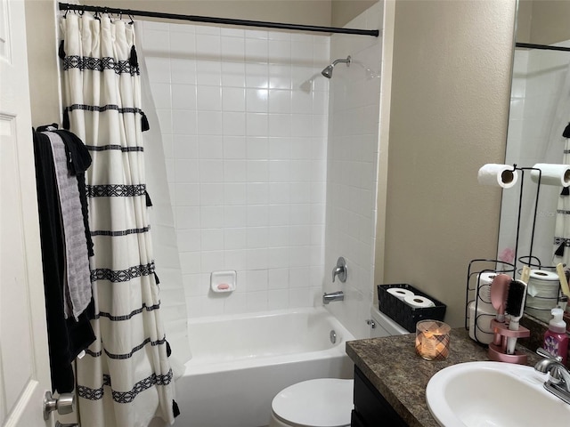 full bathroom with vanity, shower / bathtub combination with curtain, and toilet