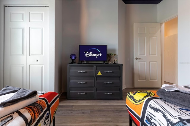 bedroom featuring dark wood-type flooring and a closet