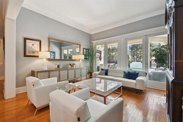 living room featuring crown molding and wood-type flooring